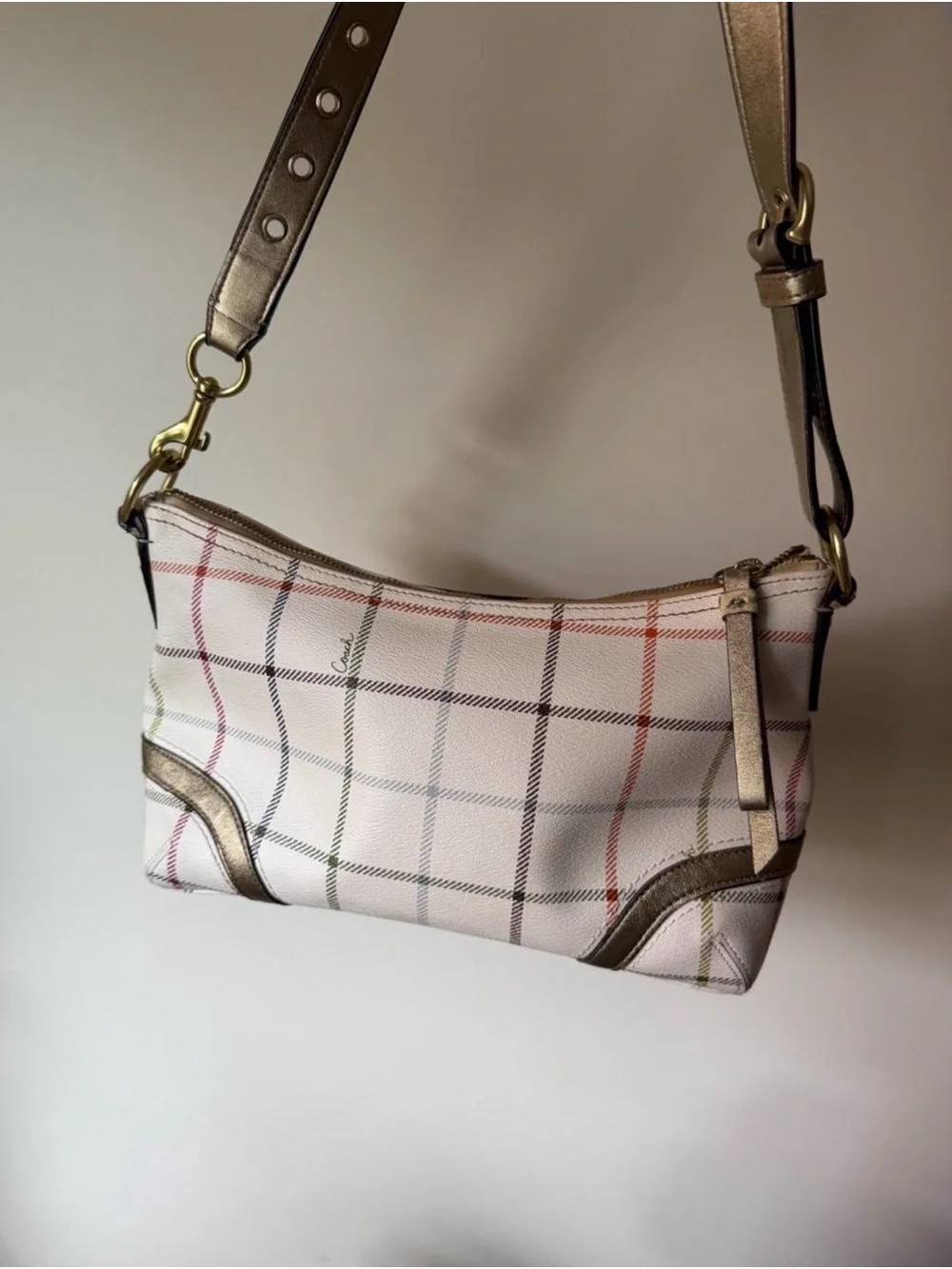 Coach Pink Plaid Shoulder Bag with Gold Metallic Trim